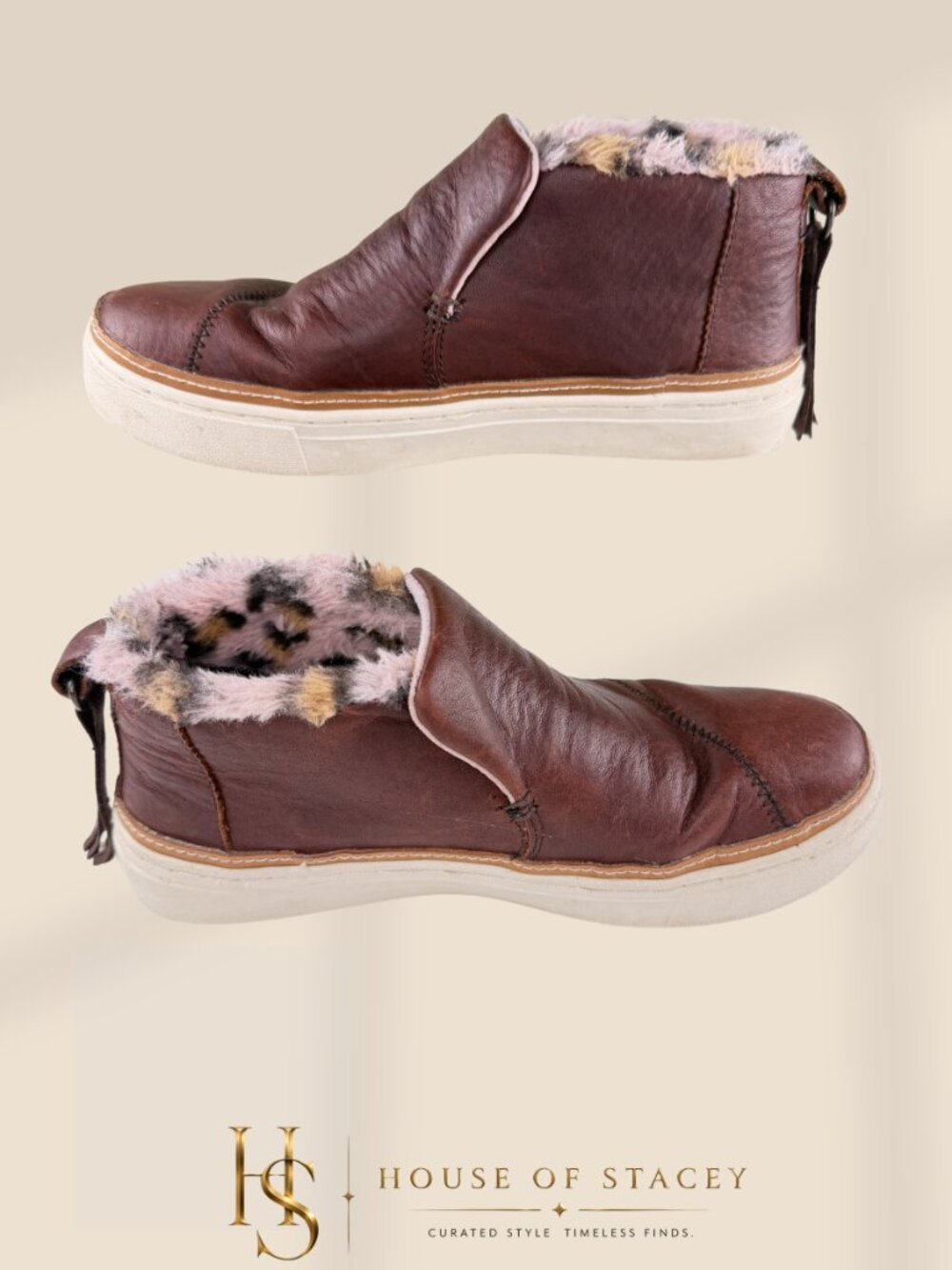 Toms Leather Slip-On Boot Shoes Pink Leopard Faux Fur Trim 5.5